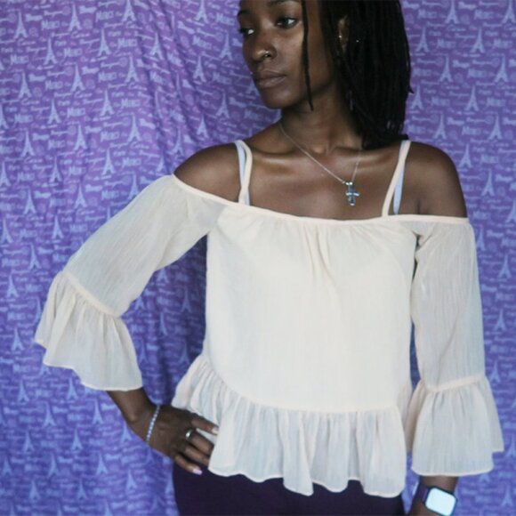 Lovers + Friends cold shoulder spaghetti strap bell sleeves gauze blouse in peac - Picture 2 of 6